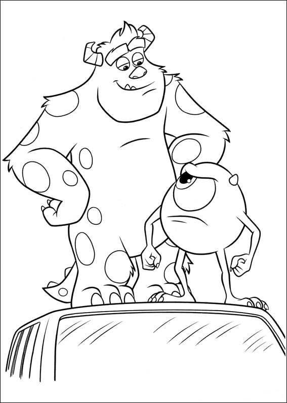 Desenho de Sully e Mike Wazowski de Monstros S.A. no teto de um carro para colorir e imprimir.