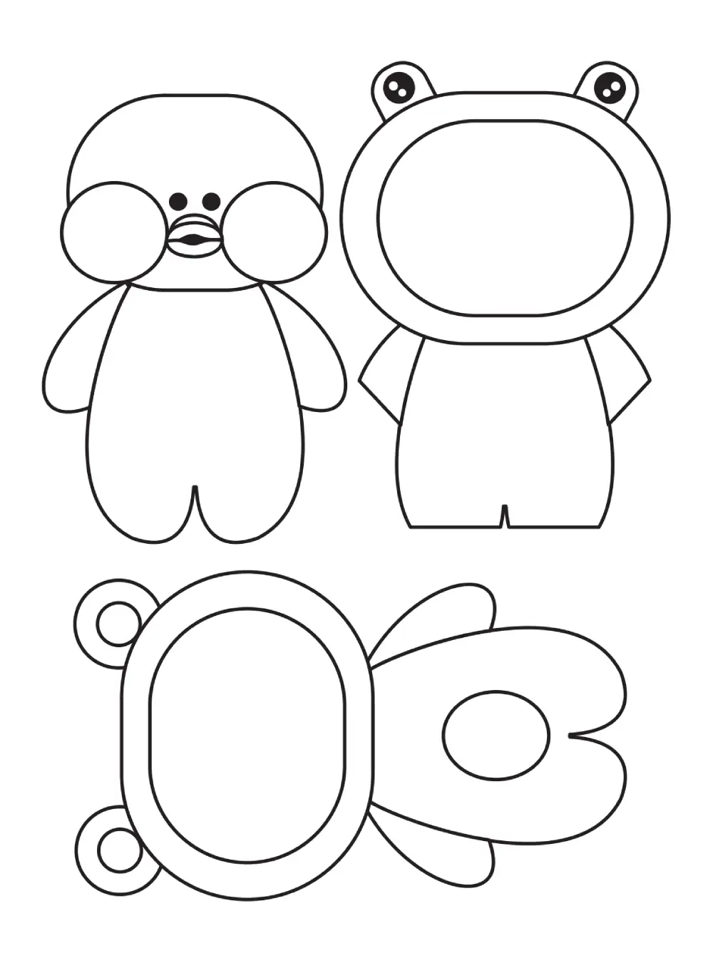 Pato de papel fofo com peças destacáveis de fantasia de sapo e urso, traços limpos para recorte e colorir.