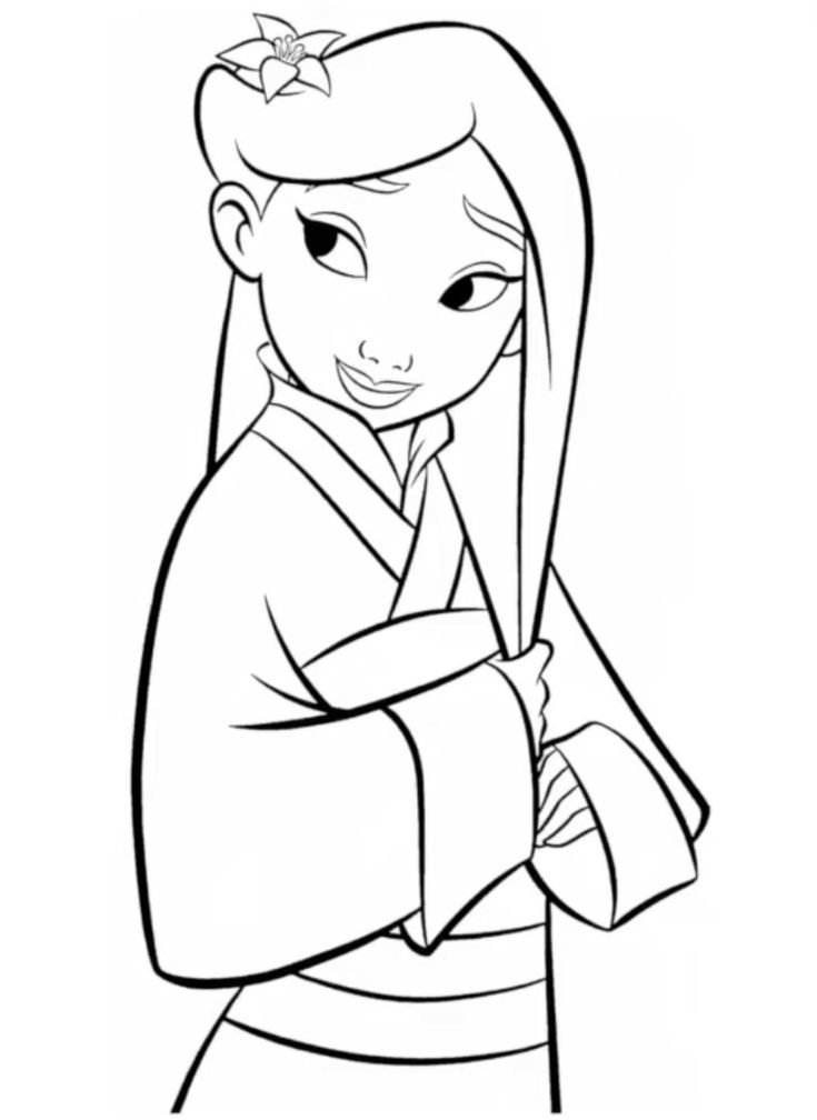 Desenho da Mulan com quimono, flor no cabelo e um belo sorriso para colorir e imprimir.