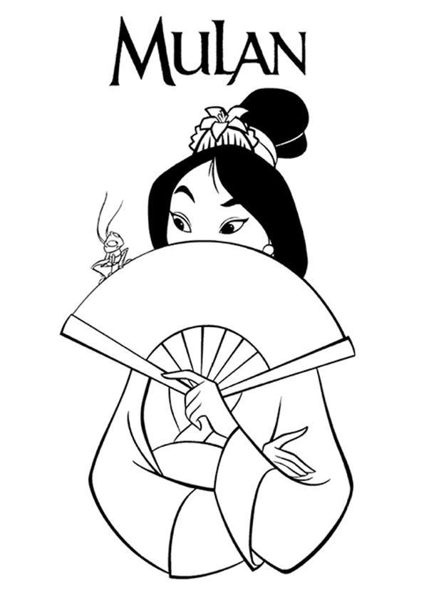 Mulan vestida com quimono e leque, com um grilo e flor no cabelo, pronta para colorir.
