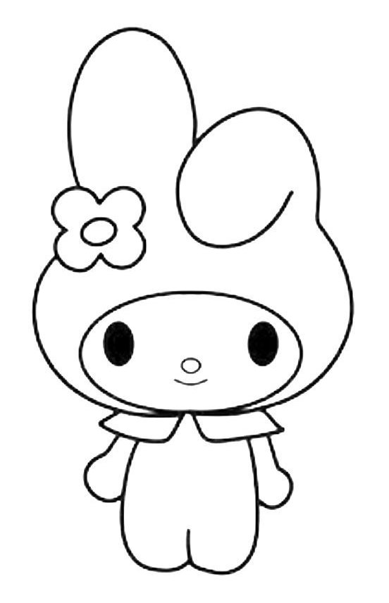 Desenho da My Melody, a adorável coelhinha da Sanrio, com seu capuz característico e flor na lateral, pronta para ser colorida e ganhar vida.