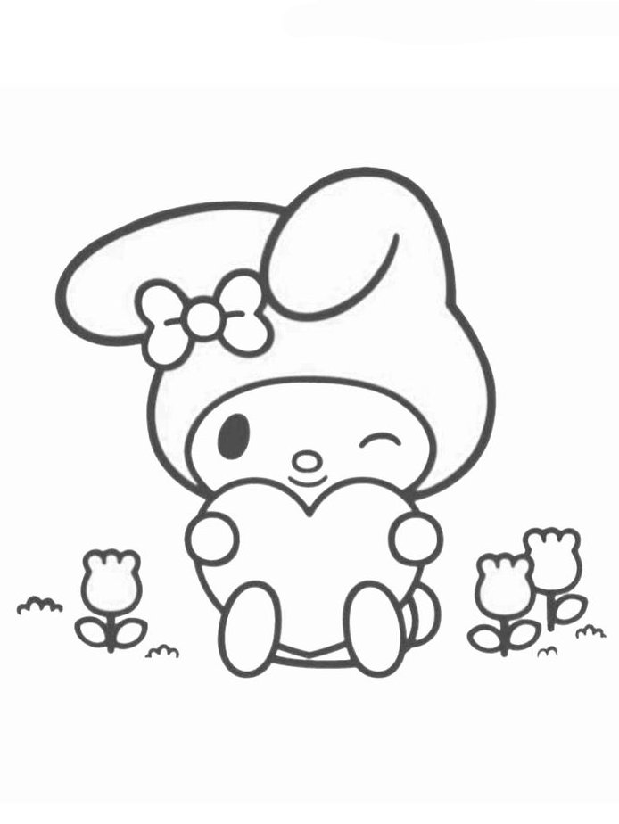 Desenho da My Melody, a adorável coelhinha da Sanrio, segurando um coração rodeada por flores, ideal para colorir e se divertir.