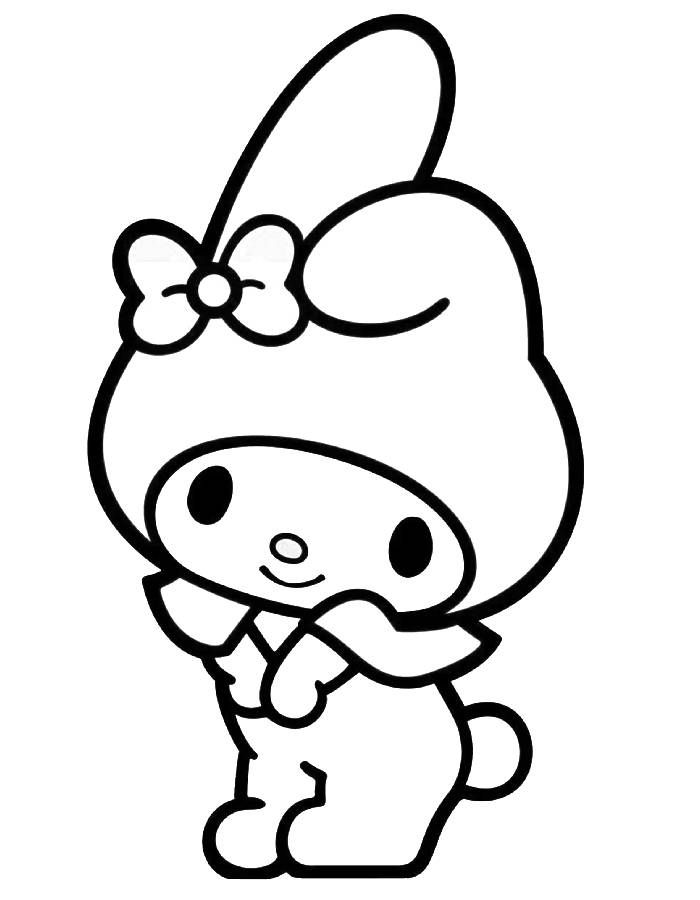 Desenho da My Melody, a coelhinha kawaii com capuz, laço e gola alta, pronta para imprimir e dar vida com cores vibrantes.