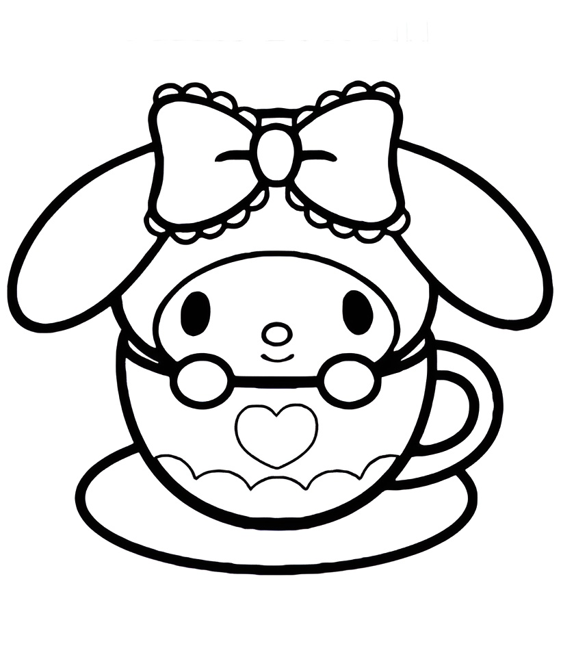 Desenho fofo da My Melody dentro de uma xícara decorada com coração, estilo kawaii, pronto para colorir.