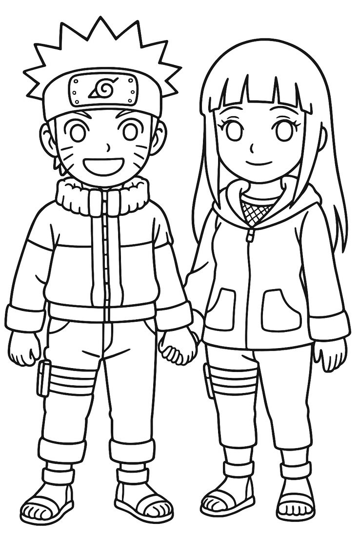 Desenho de Naruto Uzumaki e Hinata Hyuga de mãos dadas, em estilo chibi, pronto para colorir.