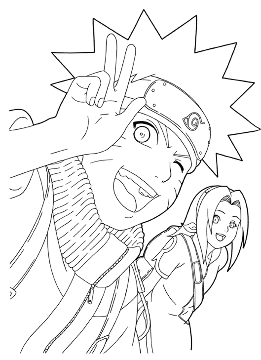 Desenho de Naruto Uzumaki fazendo o sinal de paz com os dedos ao lado de Sakura Haruno, ambos sorrindo e preparados para colorir.
