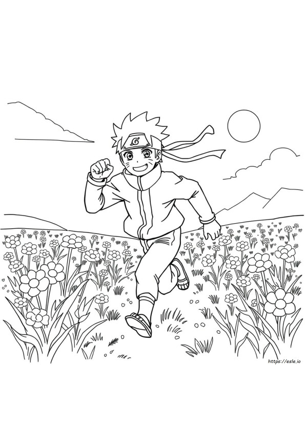 Naruto Uzumaki correndo feliz em um campo cheio de flores com montanhas e um sol ao fundo, estilo traço de anime para colorir.