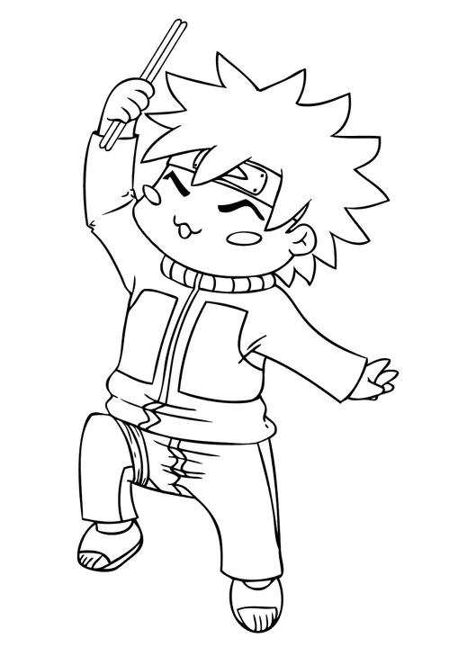 Naruto Uzumaki em estilo chibi, com cabelos espetados e bandana ninja, segurando hashis e fazendo uma expressão alegre.