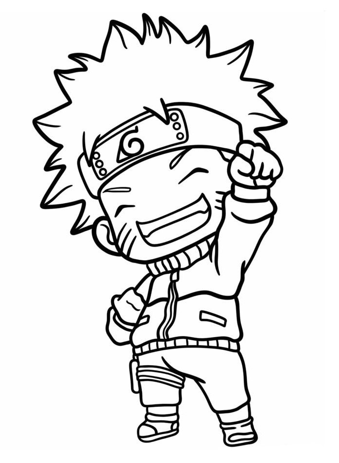 Desenho estilo chibi do Naruto Uzumaki com bandana da Vila da Folha, sorrindo e com o punho erguido em sinal de vitória.