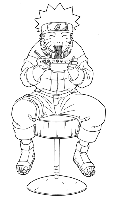 Desenho para colorir do Naruto Uzumaki sentado em um banco alto, segurando uma tigela de lamen com hashis e comendo com alegria.