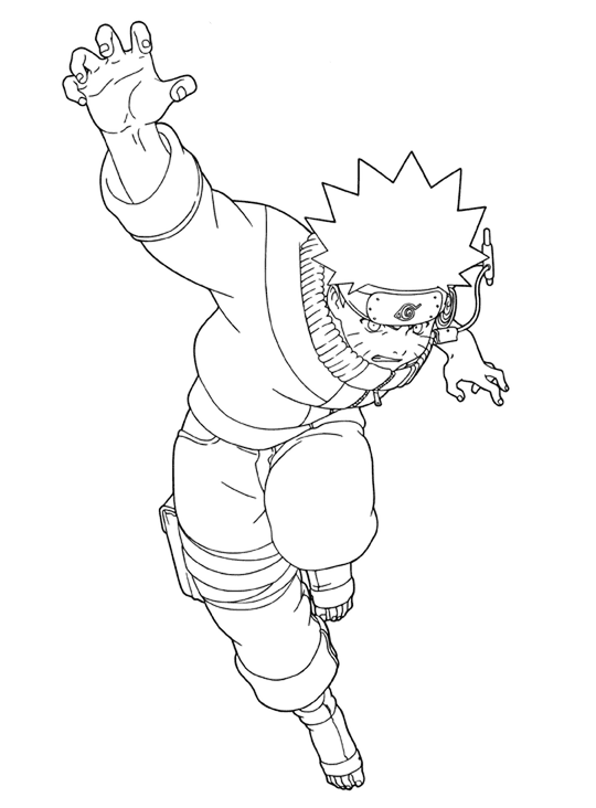 Desenho para colorir de Naruto Uzumaki em pose de salto, usando sua bandana da Vila da Folha e trajes ninjas clássicos.
