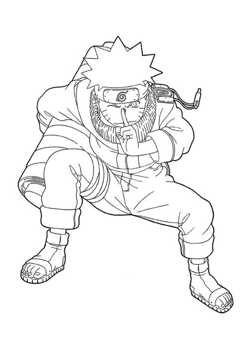 Naruto Uzumaki em posição de jutsu com sua bandana da Vila da Folha, pronto para ser colorido.