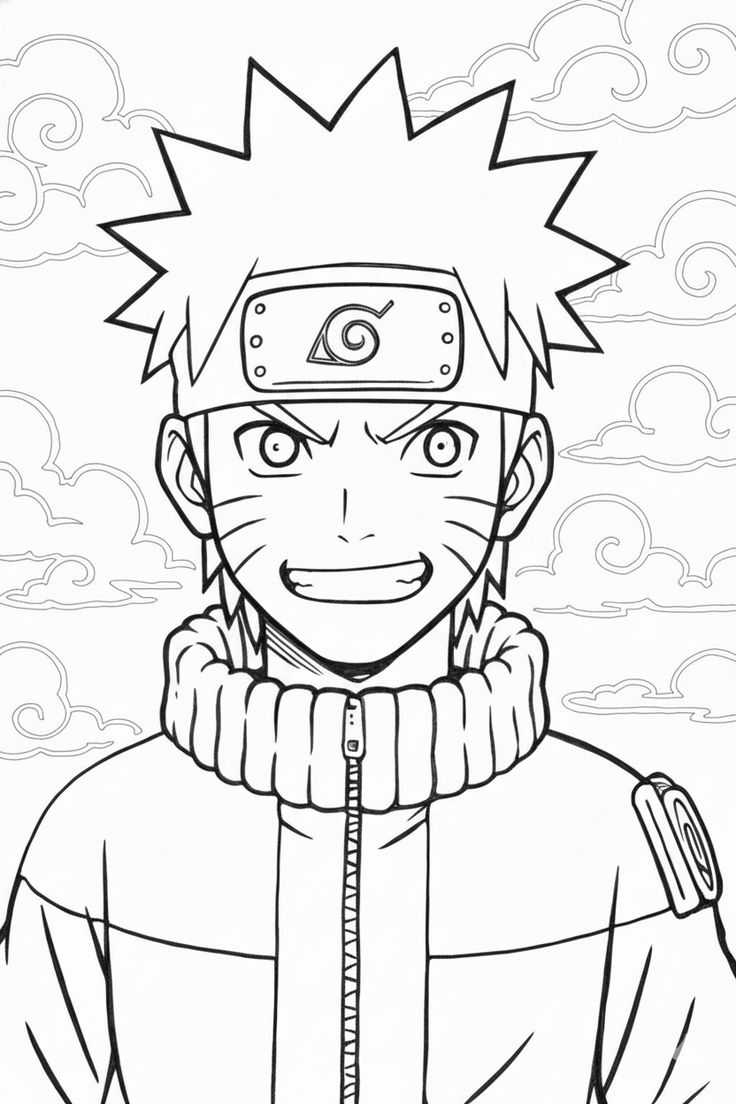 Desenho de linha do personagem Naruto Uzumaki, com sua bandana da Vila da Folha e casaco, em um fundo com nuvens de estilo anime.