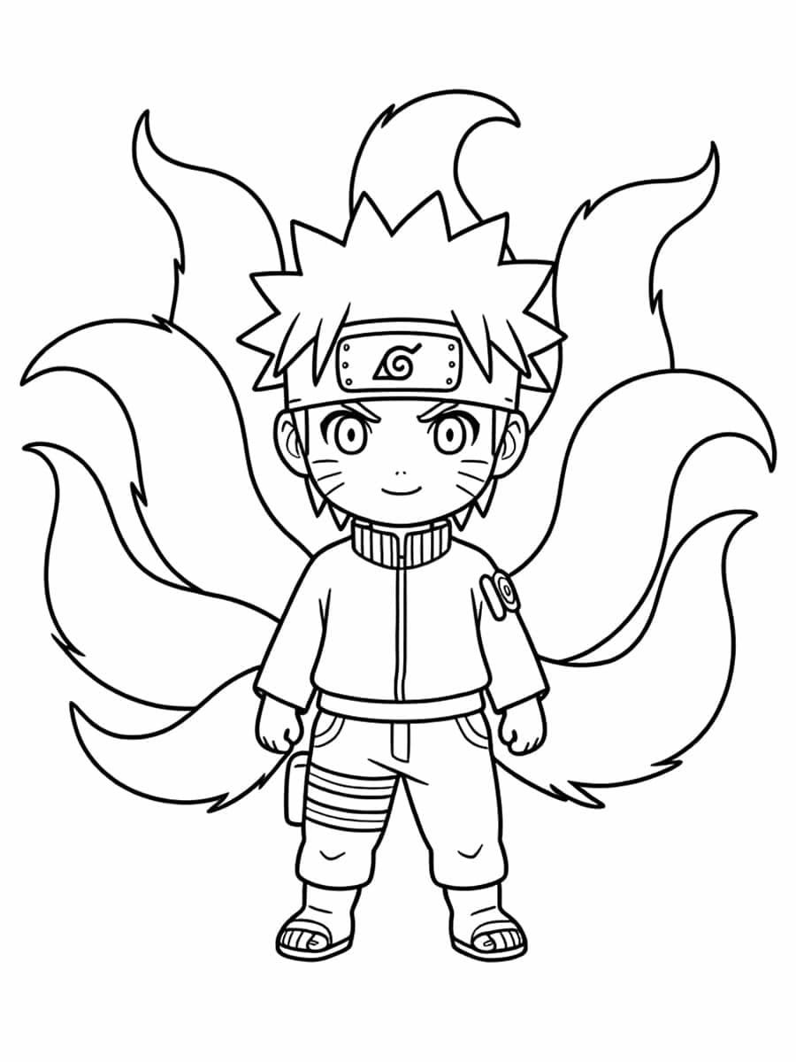 Desenho para colorir do Naruto Uzumaki em estilo chibi com o chakra da Raposa de Nove Caudas visível em suas costas.
