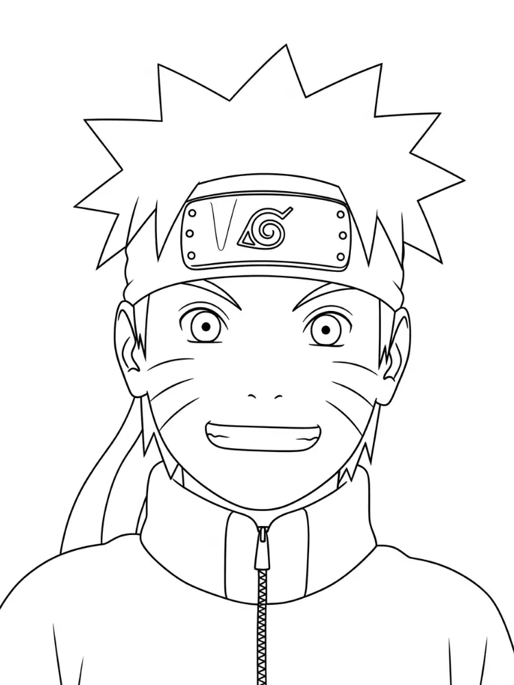 Desenho de traço limpo do rosto do personagem Naruto Uzumaki, destacando sua bandana ninja da Vila da Folha e seu sorriso confiante.