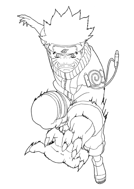 Naruto Uzumaki na versão do manto da Raposa de Nove Caudas, com garras afiadas, olhos em fenda e expressão feroz, pronto para o combate.