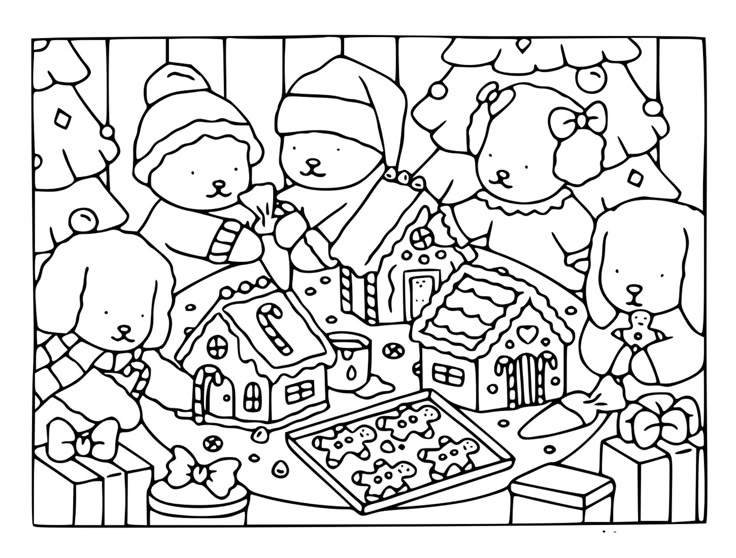 Desenho de Natal da Bobbie Goods com cachorrinhos construindo casinhas de gengibre decoradas, presentes e árvore de Natal para colorir e imprimir.