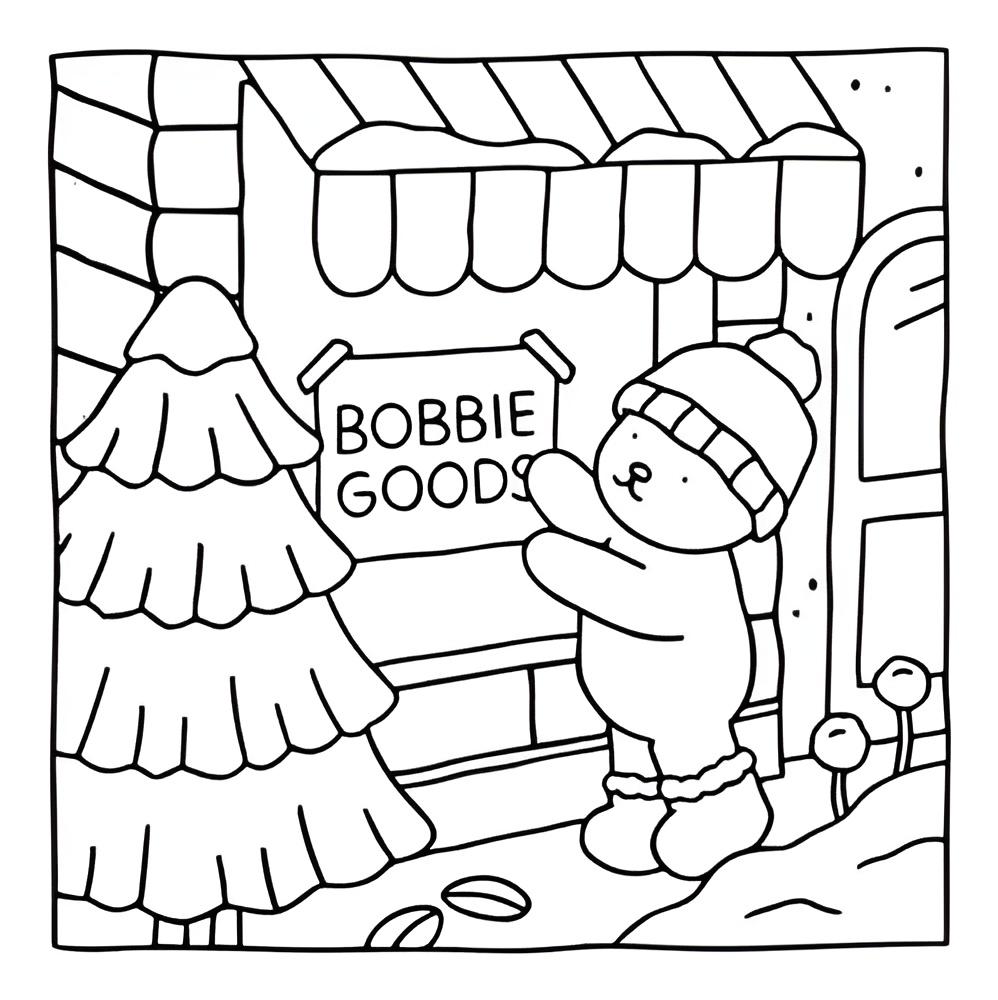 Desenho de Natal da Bobbie Goods com ursinho, loja decorada, árvore de Natal e neve para imprimir e colorir.
