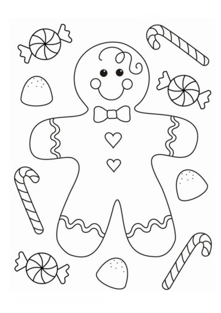 Desenho de Natal de um homem-biscoito com gravata borboleta, corações e doces para colorir e imprimir.