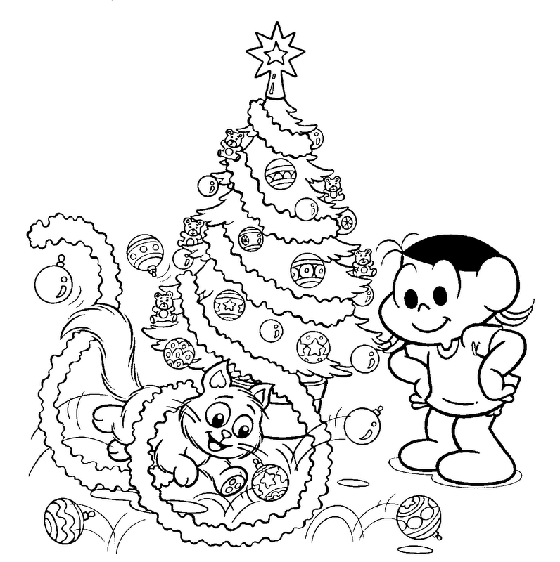 Ilustração da Magali com sua gata decorando uma árvore de Natal para colorir e imprimir.
