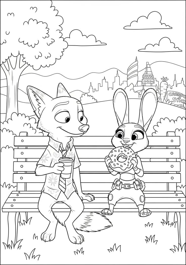 Nick Wilde e Judy Hopps de Zootopia sentados em um banco de parque, Nick segura um copo de café e Judy come um donut grande.