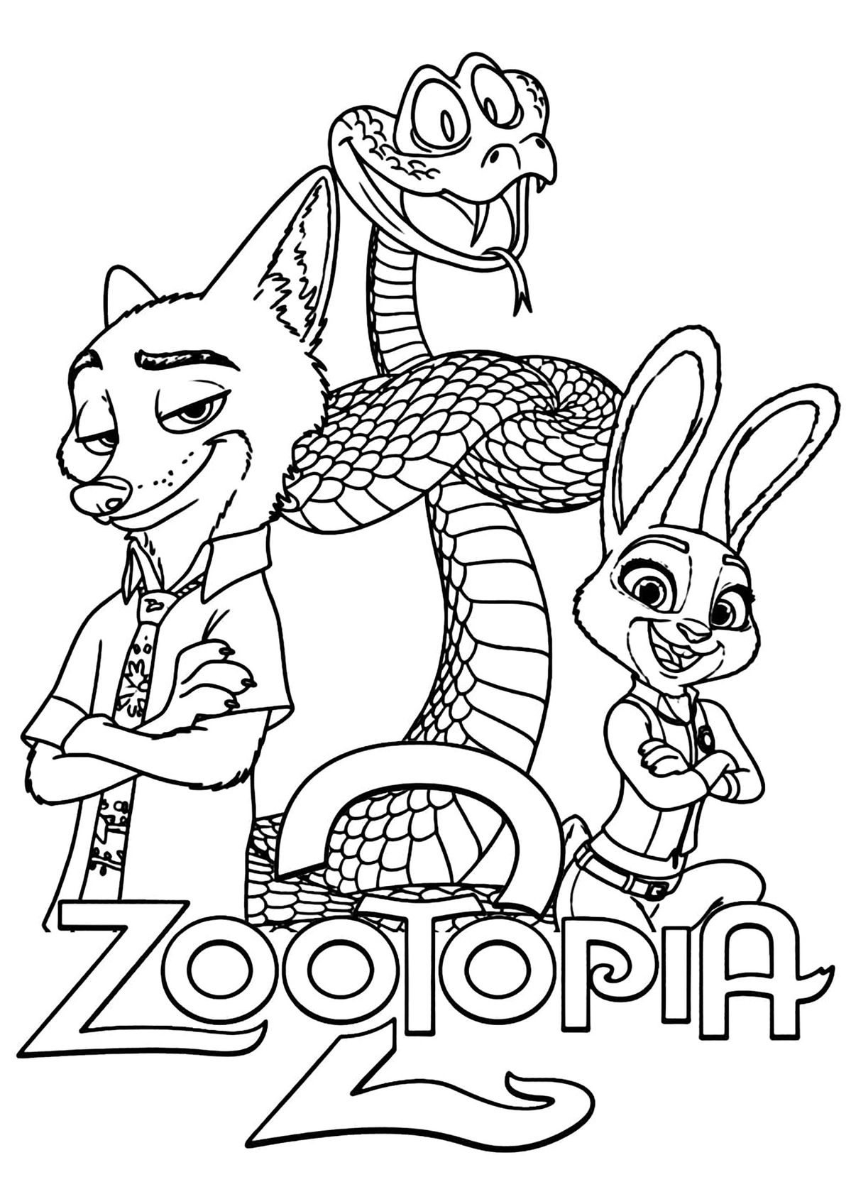Personagens Nick Wilde, Judy Hopps e uma cobra em volta do logotipo de Zootopia 2 para colorir.