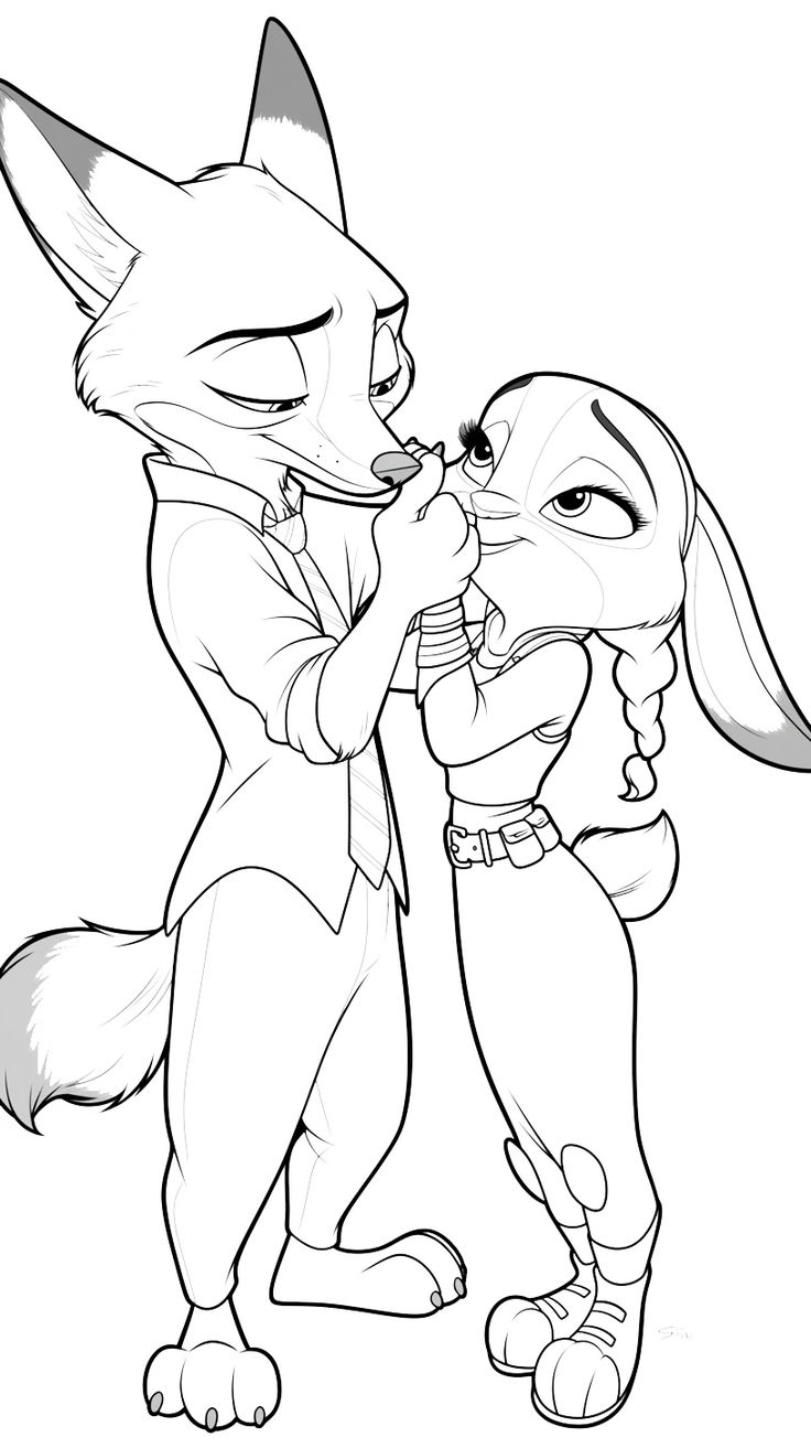 Desenho para colorir de Nick Wilde e Judy Hopps de Zootopia, em um momento carinhoso de mãos dadas.