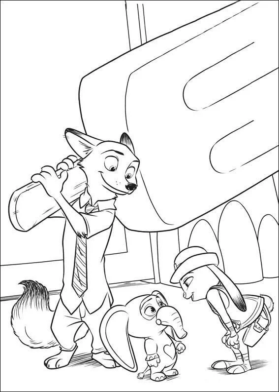 Nick Wilde segurando um picolé gigante ao lado de Judy Hopps olhando para um pequeno elefante fantasiado em Zootopia.