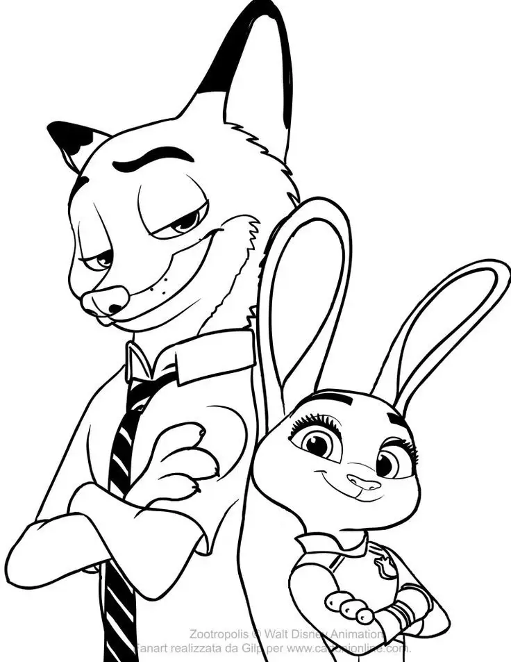 Desenho para colorir do Nick Wilde de braços cruzados ao lado da policial Judy Hopps em Zootopia