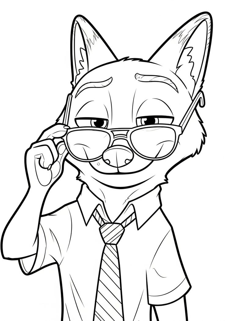 Desenho para colorir do Nick Wilde de Zootopia, ele está sorrindo enquanto ajeita seus óculos no rosto, vestindo camisa e gravata.