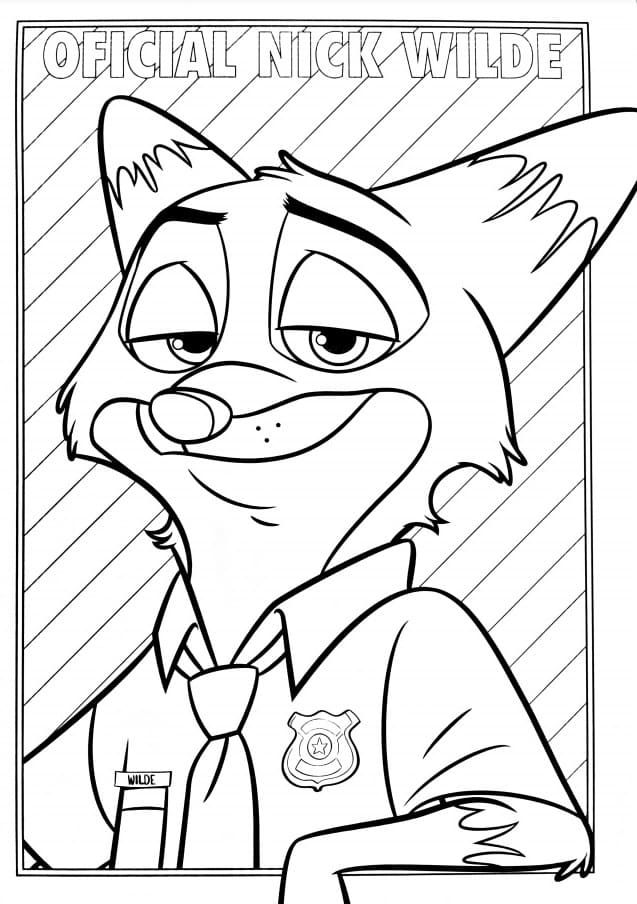 Desenho para colorir do Nick Wilde de Zootopia, usando seu distintivo e uniforme de policial com um sorriso confiante.