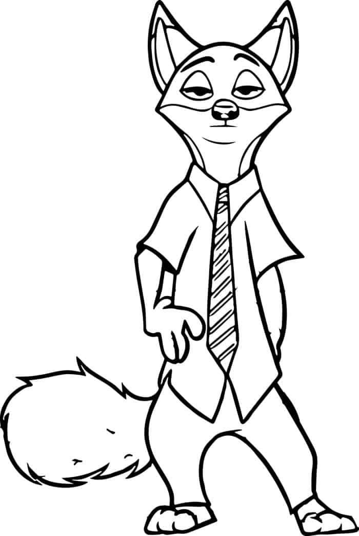 Desenho do Nick Wilde, a raposa de Zootopia, em pé, com olhar confiante e vestindo camisa social com gravata listrada.
