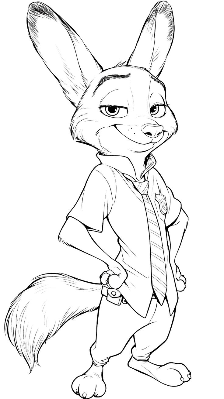 Desenho do Nick Wilde, o raposo de Zootopia, em estilo traço preto e branco, vestindo seu uniforme oficial de policial com gravata e distintivo.