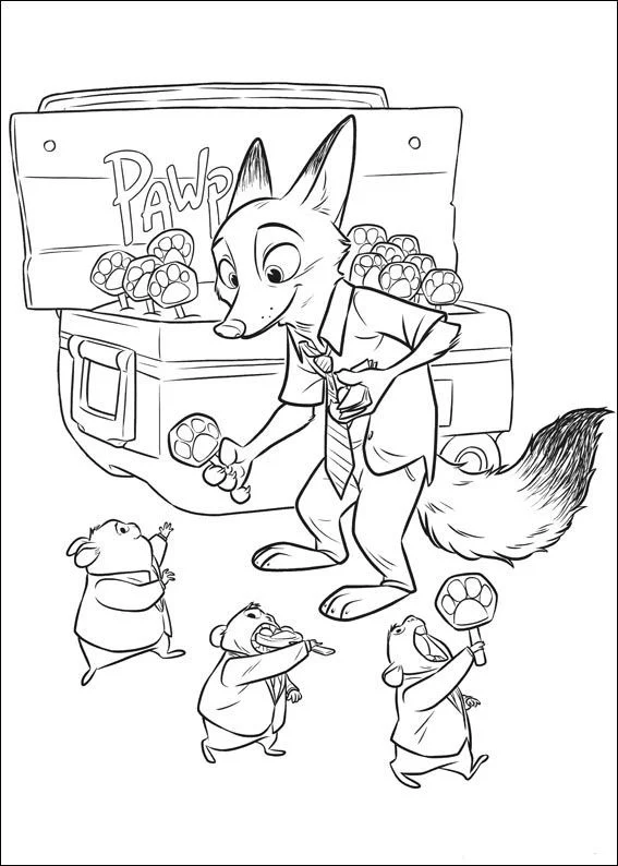 Nick Wilde, a raposa de Zootopia, vendendo picolés em formato de pata para pequenos lemingues em um dia ensolarado.
