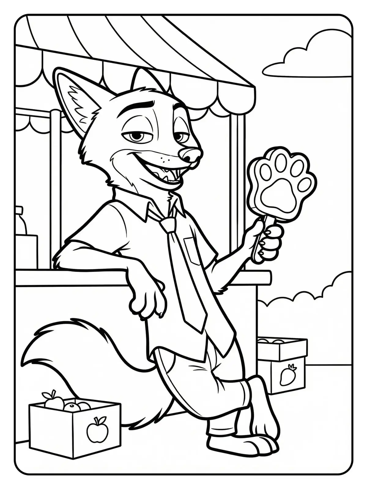 Desenho de linha de Nick Wilde, a raposa de Zootopia, encostado em uma barraca vendendo um picolé em formato de pata.