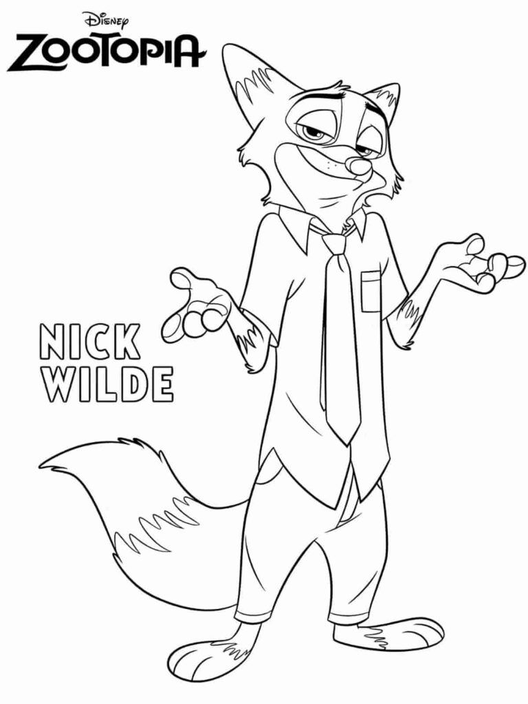 Desenho para colorir de Nick Wilde, o raposo de Zootopia, em pose de ombros encolhidos e expressão sorridente.
