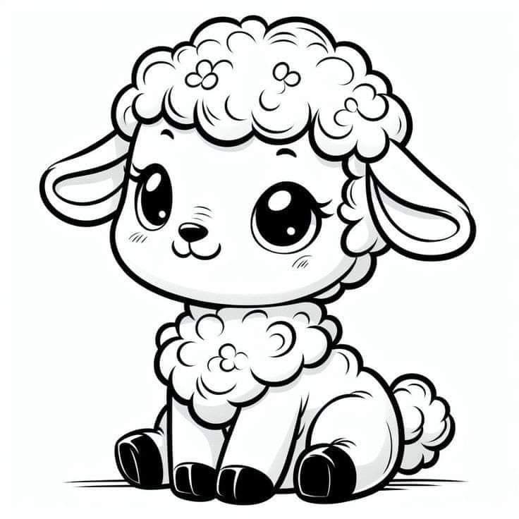 Desenho para colorir de uma ovelinha muito fofa feita com traços kawaii e olhos enormes