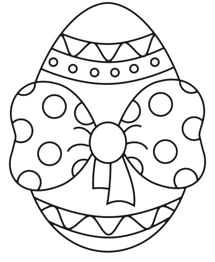 Ovo de Páscoa com decoração de triângulos, círculos e laço de bolinhas para imprimir e colorir.