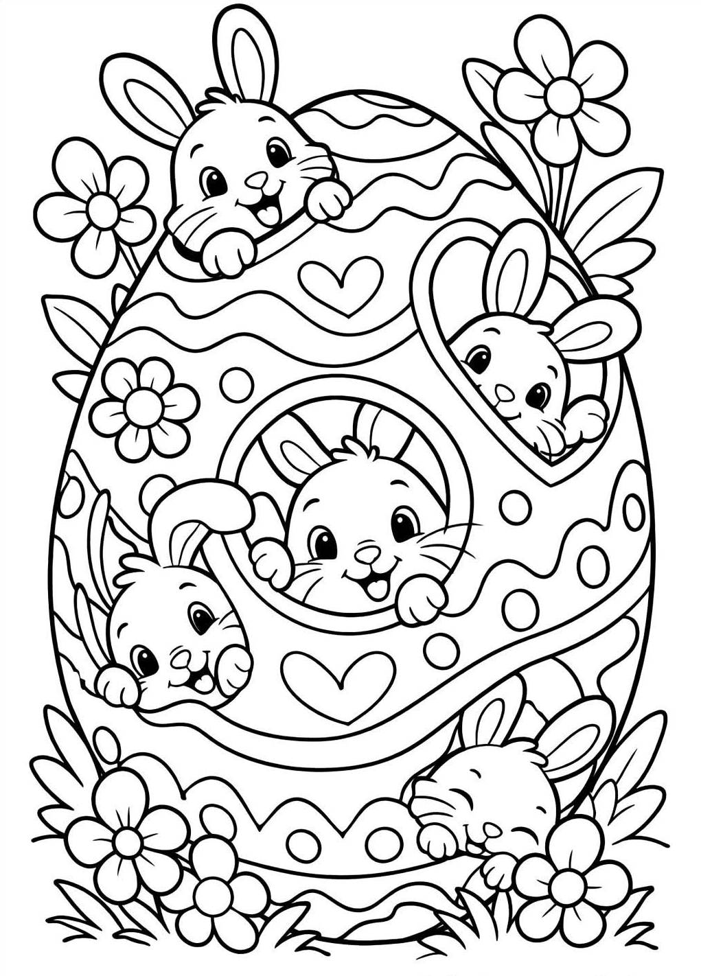 Grande ovo de Páscoa decorado com corações servindo de toca para coelhinhos fofos cercado por flores para imprimir e colorir.