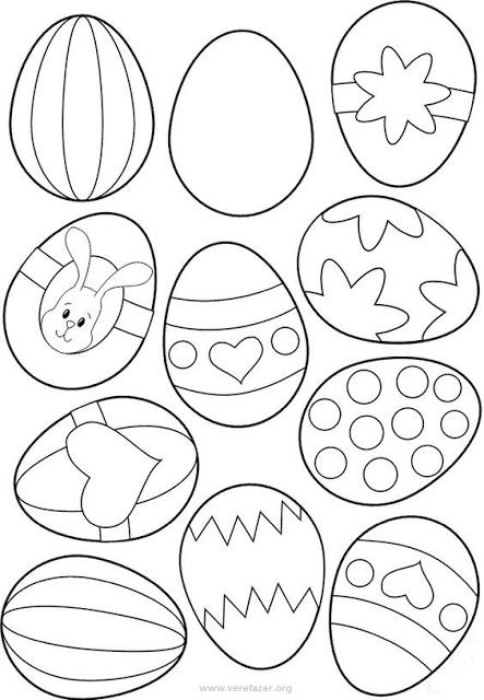 Página para colorir com diversos ovos de Páscoa decorados com listras, corações, flores e um coelho, perfeitos para atividades pascoalinas.