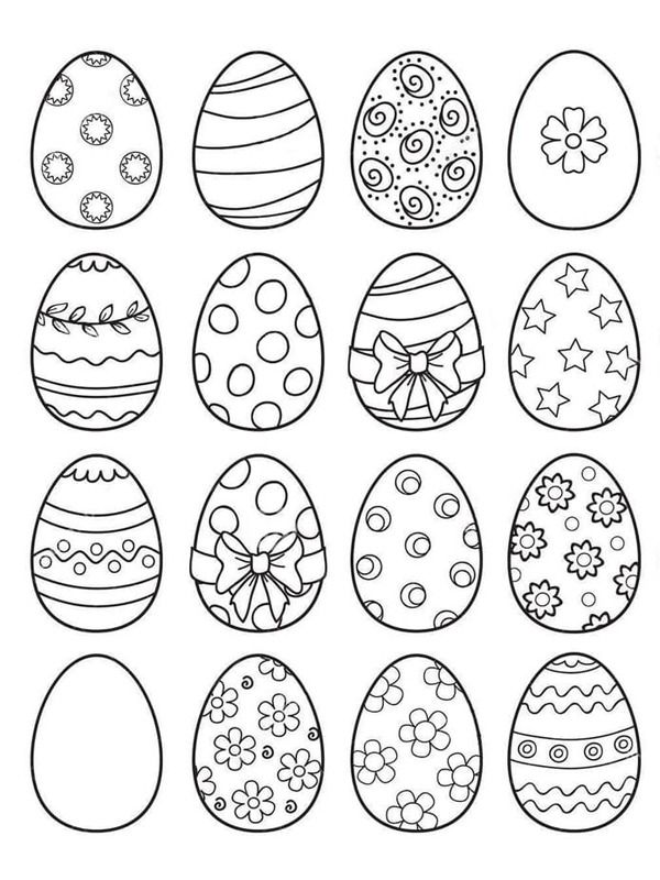 Desenhos de ovos de Páscoa decorados com padrões variados, incluindo flores, listras, bolinhas e arabescos para colorir e imprimir.