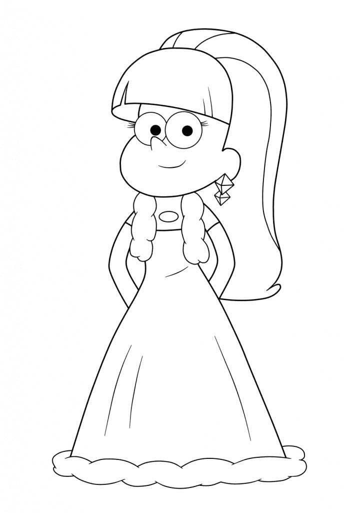 Desenho para colorir da Pacifica Northwest de Gravity Falls usando seu vestido de festa e brincos triangulares.