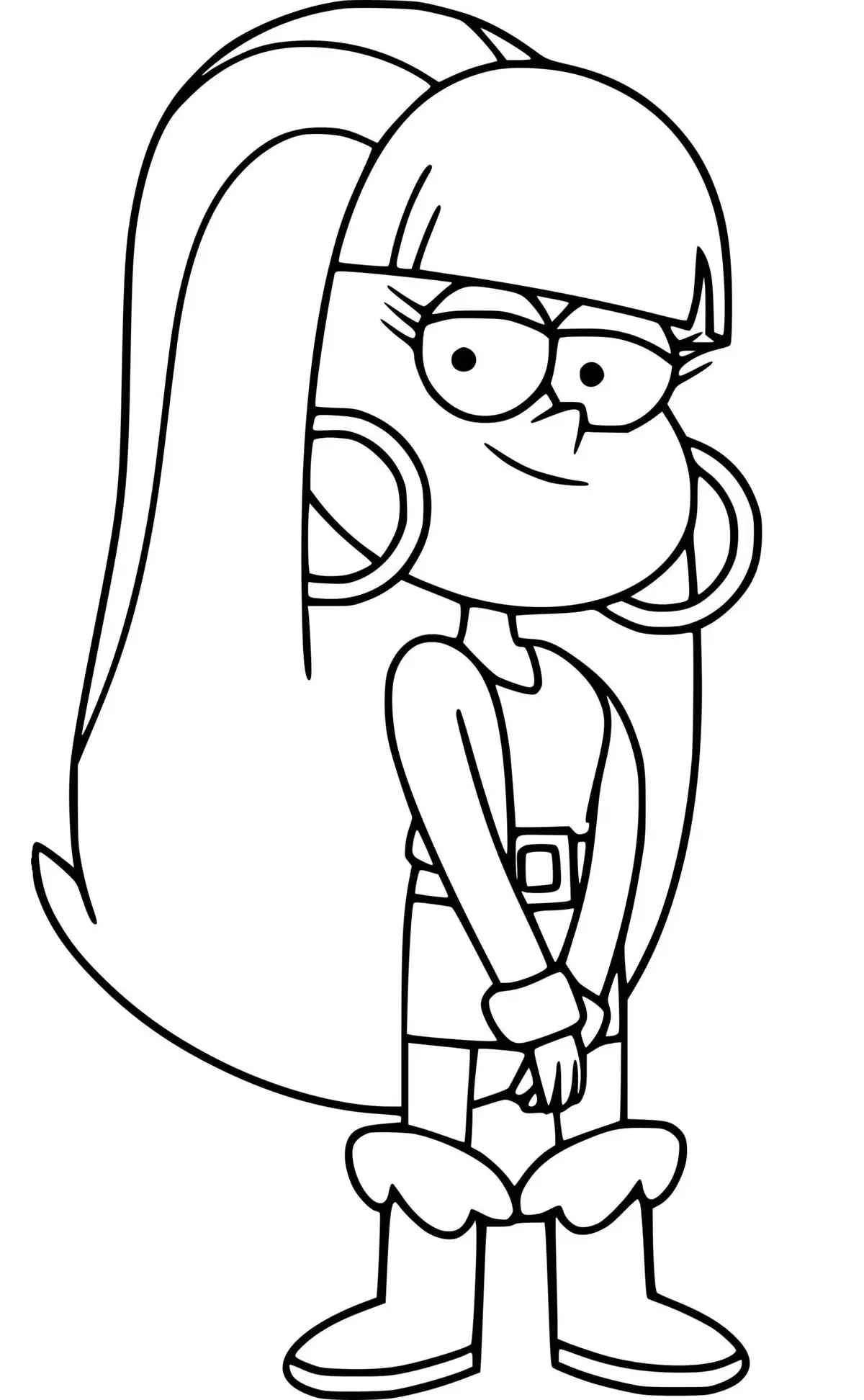 Desenho de linha da Pacifica Northwest, personagem de Gravity Falls, com seu cabelo loiro característico, argolas grandes e roupas elegantes.