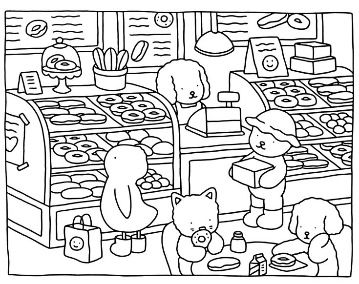 Desenho da padaria Bobbie Goods com animais, donuts e outros doces para imprimir e colorir.