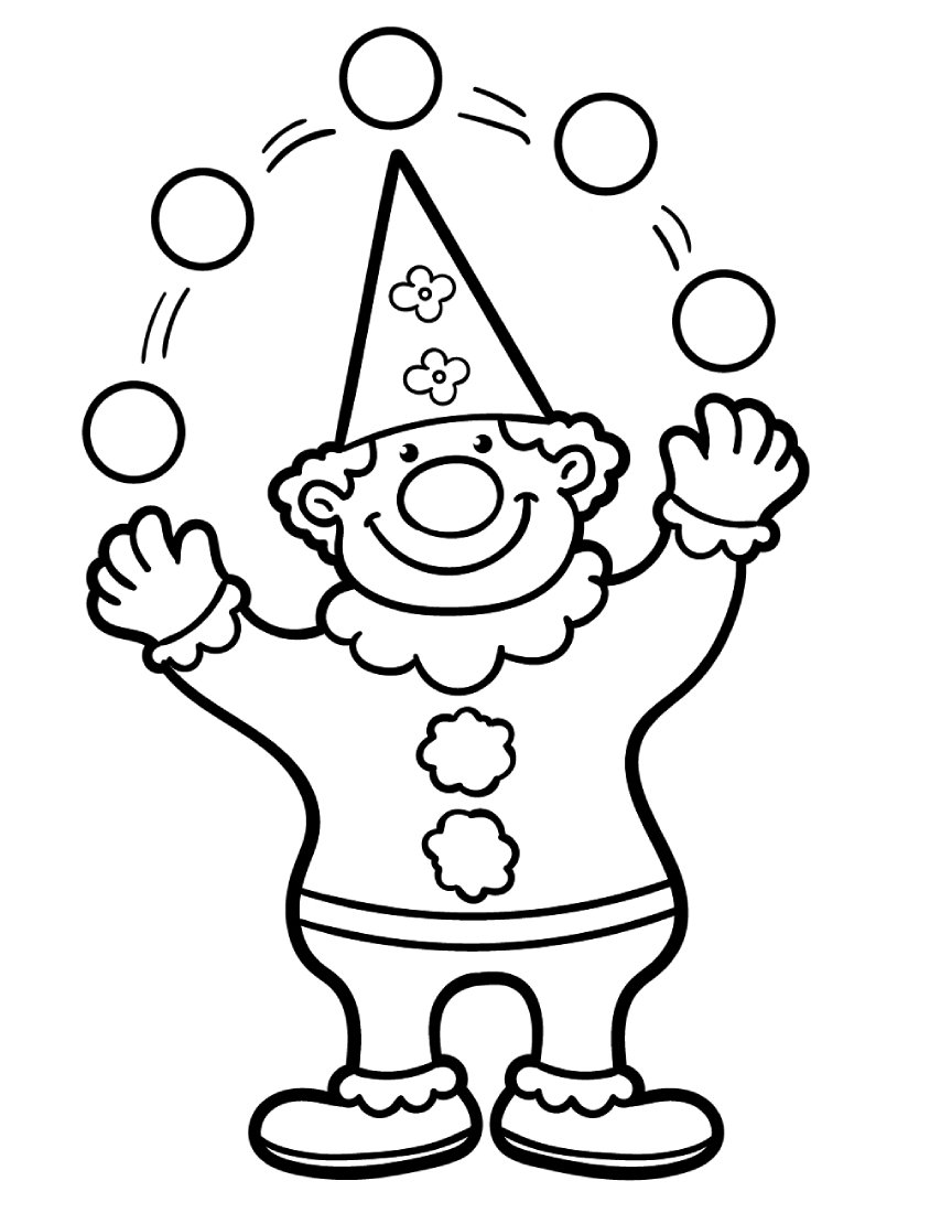 Um alegre palhaço de circo fazendo malabarismo com bolas coloridas, ideal para atividades infantis de colorir e aprender sobre profissões.