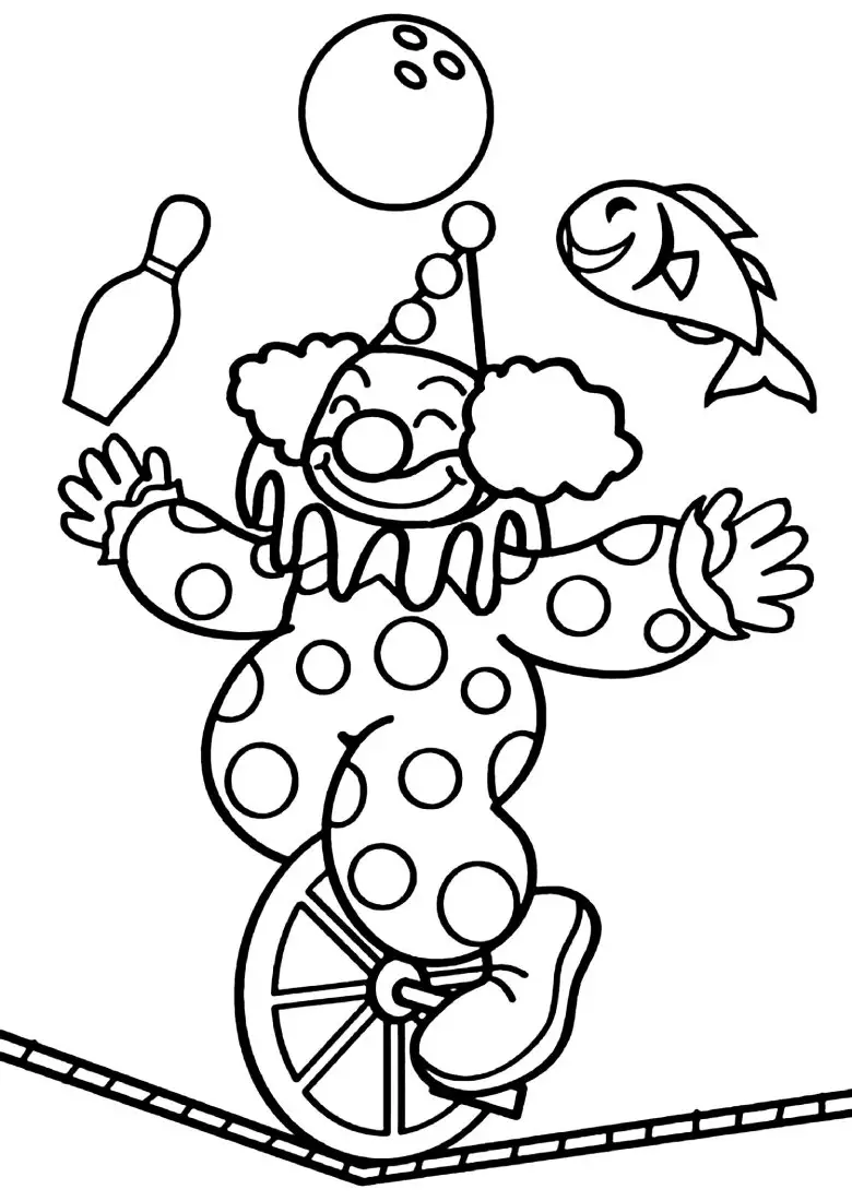 Ilustração de palhaço malabarista em monociclo, com bola de boliche, pino e peixe, em estilo cartoon para colorir e imprimir.