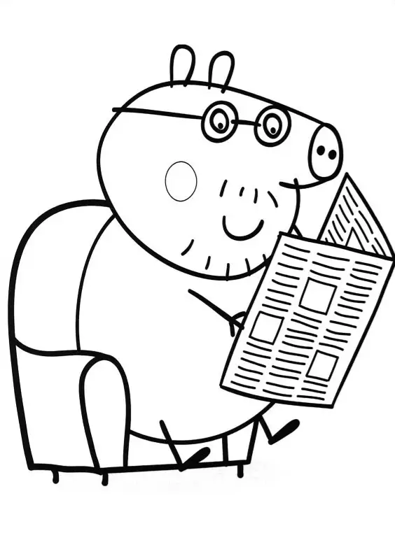 Desenho para colorir do Papai Pig sentado em uma poltrona confortável enquanto segura um jornal aberto.