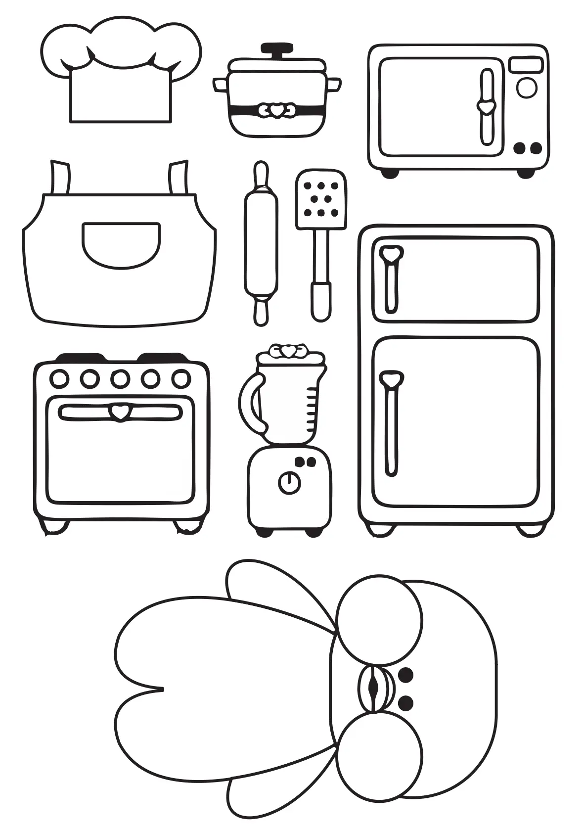 Desenho para colorir do Paper Duck estilo Kawaii acompanhado de utensílios como chapéu de chef, fogão, geladeira e batedeira.
