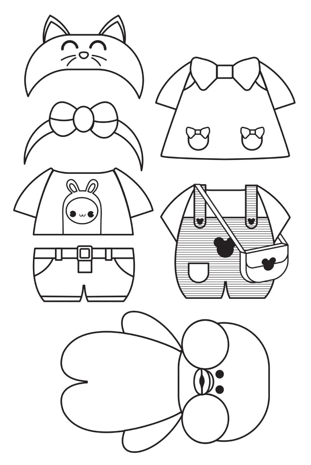 Boneca de papel estilo patinho com conjunto de roupas, laços, jardineira e tiara de gatinho para colorir