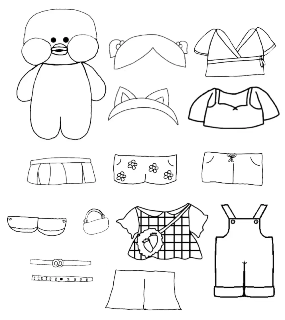 Boneco de pato de papel com diversas opções de roupinhas, vestidos, macacão, tiara de gatinho e bolsas para recortar e colorir.